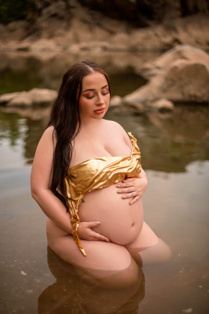 Golden Hour Great Falls Park Beach Maternity Photoshoot in Custom Maternity Top - Snapzbytie Photography - Potomac Maternity Photographer